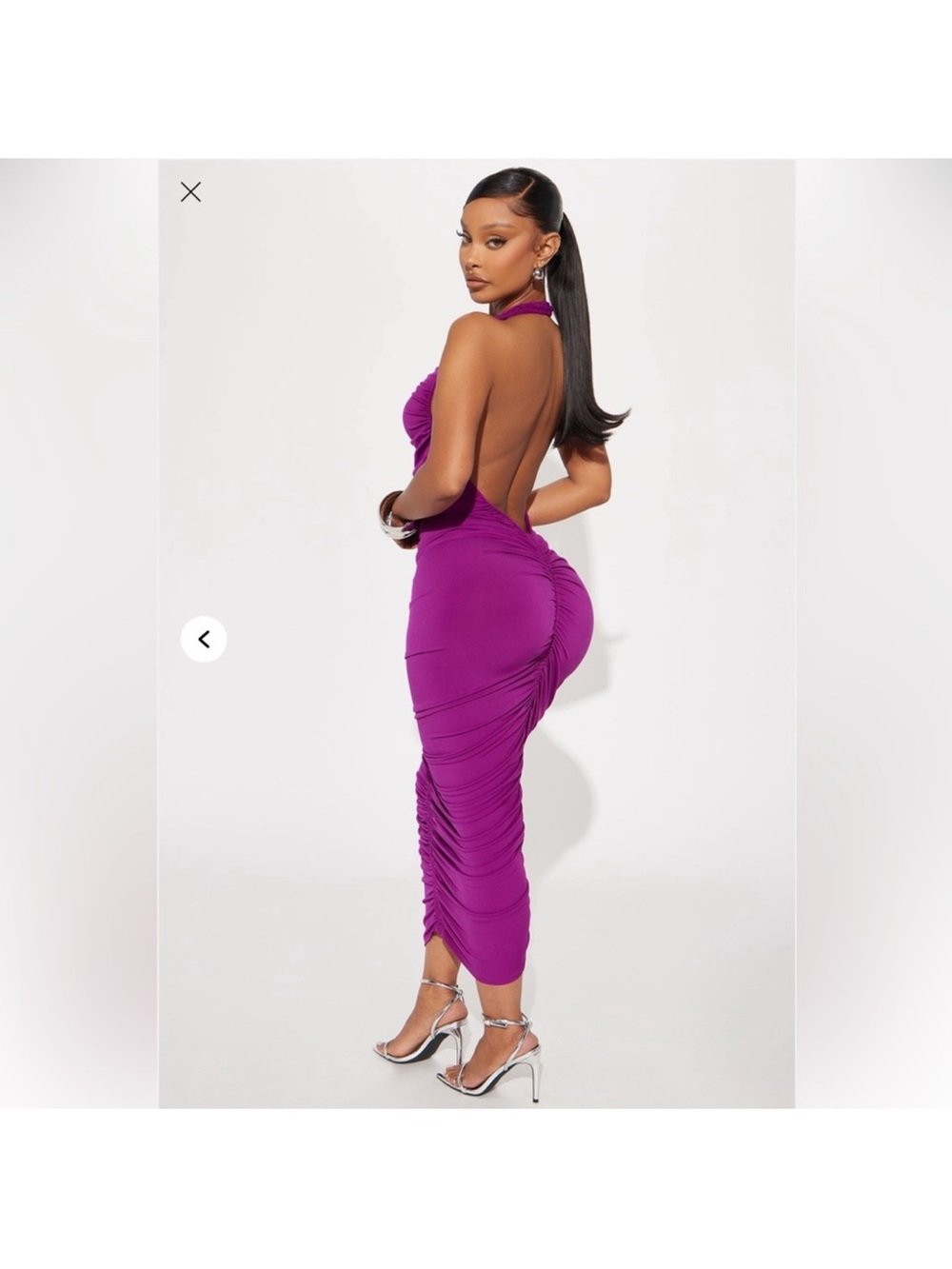 Fashion Nova Deep V Halter Ruched Bodycon Dress in Purple - Picture 2 of 8